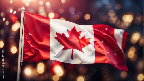 Artistic Canadian flag on pole and waves with bokeh lights, abstract dark background, celebrating Happy Canada Day