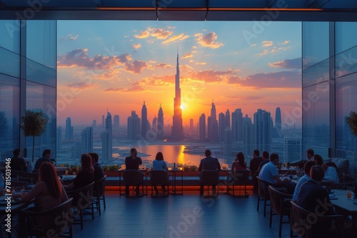 Crowded rooftop terrace dining with incredible views of a city skyline at sunset