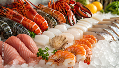 Fresh Seafood at Fish Market: A selection of fresh seafood including fish fillets, shrimp, scallops, and lobsters arranged on ice at a fish market counter.