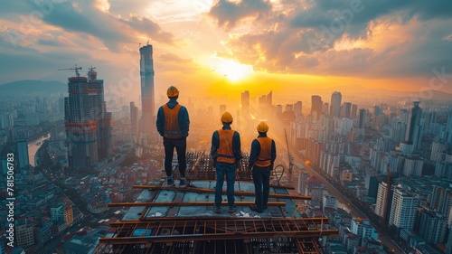 A group of construction workers are standing on a building's roof