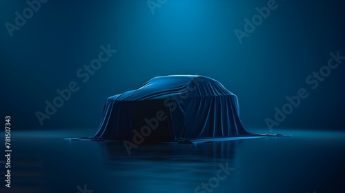 Luxurious car draped in fabric, unveiled in dark studio, 3D rendering. Expensive gift, realistic blue presentation.