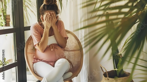 Pregnant woman in a pink shirt and white pants sitting on a tan chair with hands covering her face, feeling pain