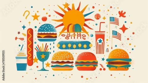 Festive American Fast Food and Fourth of July Illustration