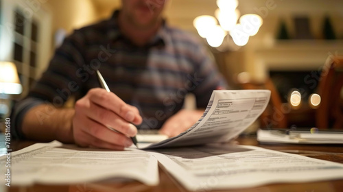 A blurred man sits at a table focusing on reviewing and possibly signing papers, in a warmly lit living environment