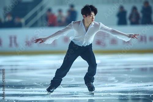 Graceful Figure Skater Performing Acrobatic Moves on Ice Rink during Winter Sports Competition