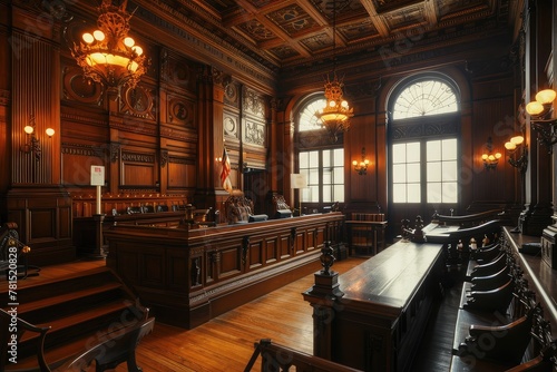 American Courtroom, Empty Courthouse, Supreme Court of Law and Justice Trial Stand, Grand Wooden Interior