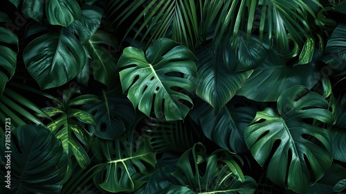 Green tropical leaves in dark background. A striking interplay of vibrant greens and deep shadows.