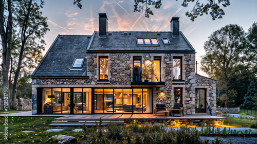 Belle et grande maison individuelle à la façade en pierre à la lumière du soir 