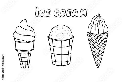 collection of ice cream in a waffle cone cup line art