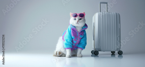 Illustration originale d'un chat blanc avec sa valise, photo de vacances, fond neutre gris, portrait fun et décalé