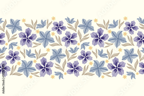Vintage Flowers pattern seamless embroidery background border. Blue Floral motif with leaves Vintage minimal Ikat ethnic style design vector illustration. Hand drawn
