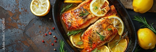 Cooked baked trout red fish fillet in a dish with seasonings and herbs on the table, healthy sea fish, banner
