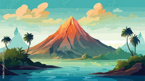 Landscape fantasy Island with volcano. Cartoon styl