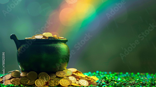 Saint Patrick'S Day And Leprechaun'S Pot Of Gold Coins Concept With A Rainbow Indicating Where The Leprechaun Hid Treasure On Green With Copy Space. St Patrick Is The Patron Saint Of Ireland Backdrop.