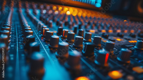 Professional Sound Studio Scene. Intricate Audio Equipment. Audio Mixing Console In A Streaming. Live Broadcast. Or Recording Session. Channel Faders Close Up. Side View. Shallow Depth Of Field.