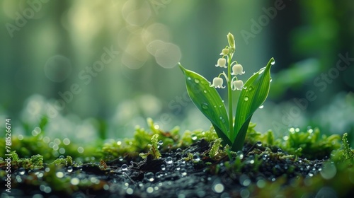 valley flower sprouting from moss with blur background