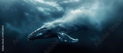 A blue whale plays in the water, jumping through the blue waves.