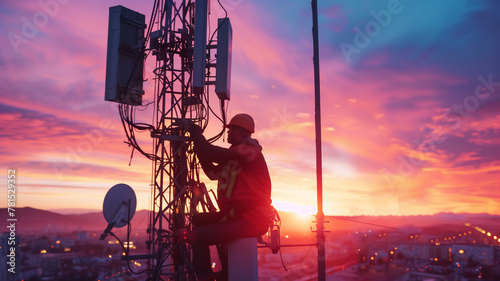 engineer wearing safety gear working at top of signal antenna.Working at height.