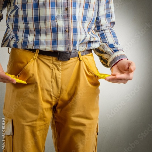 Handwerker zeigt seine leere Taschen.