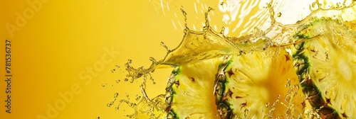 Fresh ripe sliced pineapple in splashes of water, healthy fruit, banner