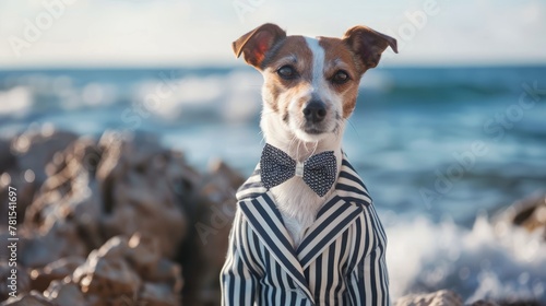 A dog in a striped suit and bow tie, set against a sea blurred backdrop