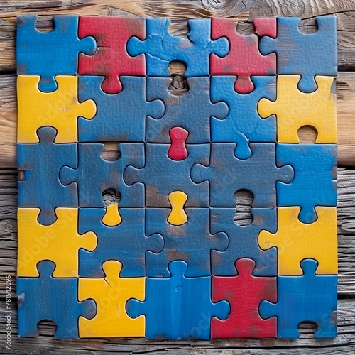 Blue, yellow and red pieces of puzzle frames on a wooden background