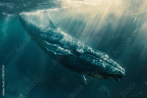 A lonely whale surfs the waves of the ocean, a whale swims underwater in the ocean
