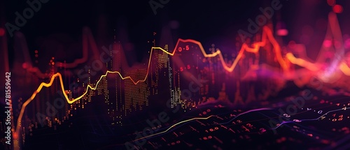 Financial stock market graph with upward trending lines candlestick chart representing growth in financial forex trading market on widescreen black background. Generative AI