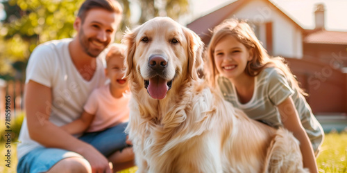 Happy family playing with golden retriever dog on the backyard lawn
