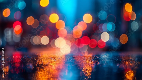 Blurred colorful city lights reflecting on wet asphalt at night