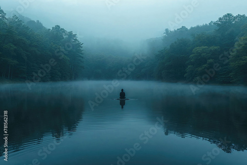 A person is sitting on a raft in a lake