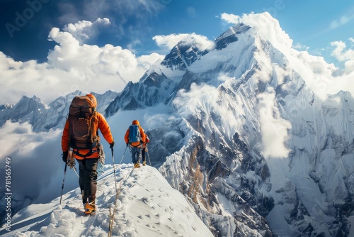 A pair of climbers in orange jackets ascending a snowy mountain ridge with stunning panoramic views.
