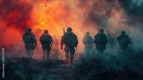 Battle of the military in the war. Military troops in the smoke.