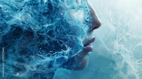 A 2D artistic representation of the feeling of relief when a cooling shampoo soothes an itchy scalp, with abstract blue and minty visual effects