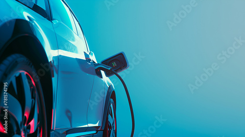 Electronic vehicle charging station control stop refuel point, hand pressing starting charge energy button, electric power EV car futuristic eco environmental friendly energy, blue banner background