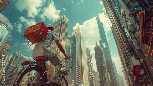 Mumbai. Skyscrapers tower over a dabbawala delivering meals in the financial area by bike