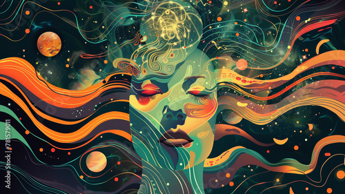 A surrealistic dream graphical vector face with surreal elements and surrealistic imagery, exploring the depths of the subconscious mind.