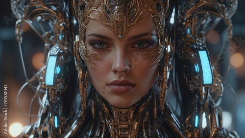 a young woman in a masquerade costume in the guise of a cyborg android