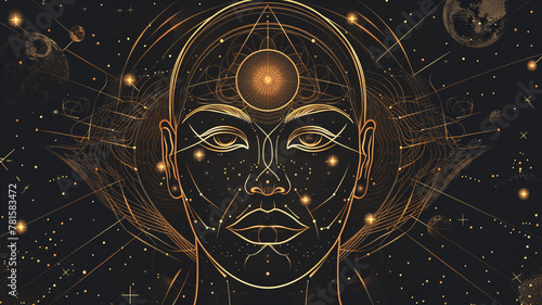 A celestial prophet graphical vector face with celestial motifs and cosmic symbolism, foretelling the mysteries of the universe.