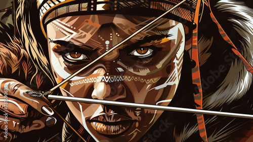 A tribal huntress graphical vector face with animal skins and a bow, stalking her prey with silent determination.