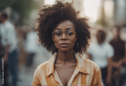 Portrait of beautiful black woman with glasses and modern curly bob hair
