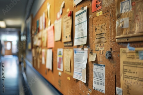 A bulletin board covered in numerous papers pinned to it, showcasing a variety of information and announcements