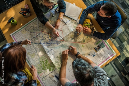 A group of people gathered around a table, examining a map for urban planning purposes