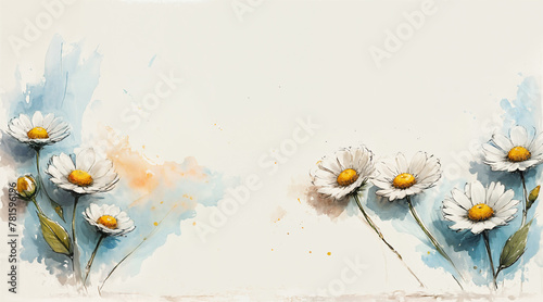 Watercolor like sketch illustration of delicate white daisy flowers in bloom on a minimal background - delightful spring environment and nature art.