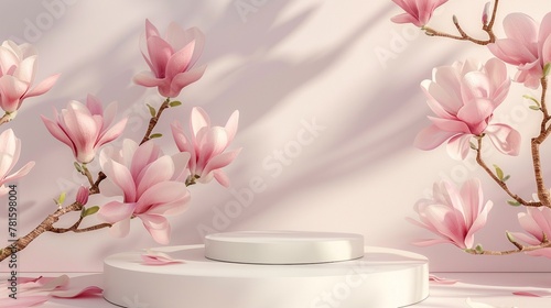 Spring minimal design pink product display podium on magnolia blossom pastel pink background, trendy modern graceful display scene for cosmetic, feminine product showcase.