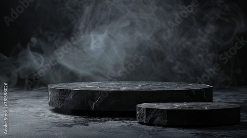 Rough black stone product display podium on dark black smoky background, mock up showcase of men's products, tough and strong, scary and mysterious abstract grunge natural industrial background.