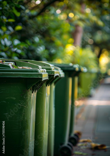 Green recycling bins in row. A green garbage bins
