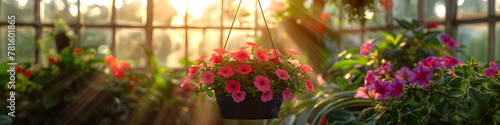 Pink petunia flower hanging in pot. Growing spring flowers in large glass greenhouse. Colorful geraniums ready for sale and business. Florist work, farm, local market
