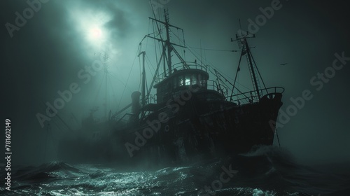 Eerie image of a trawler ship emerging from dense fog at night, illuminated under a stormy sky, depicting a sense of mystery and horror.