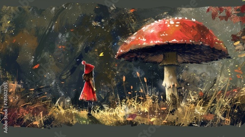 Woman in red dress poses by mushroom